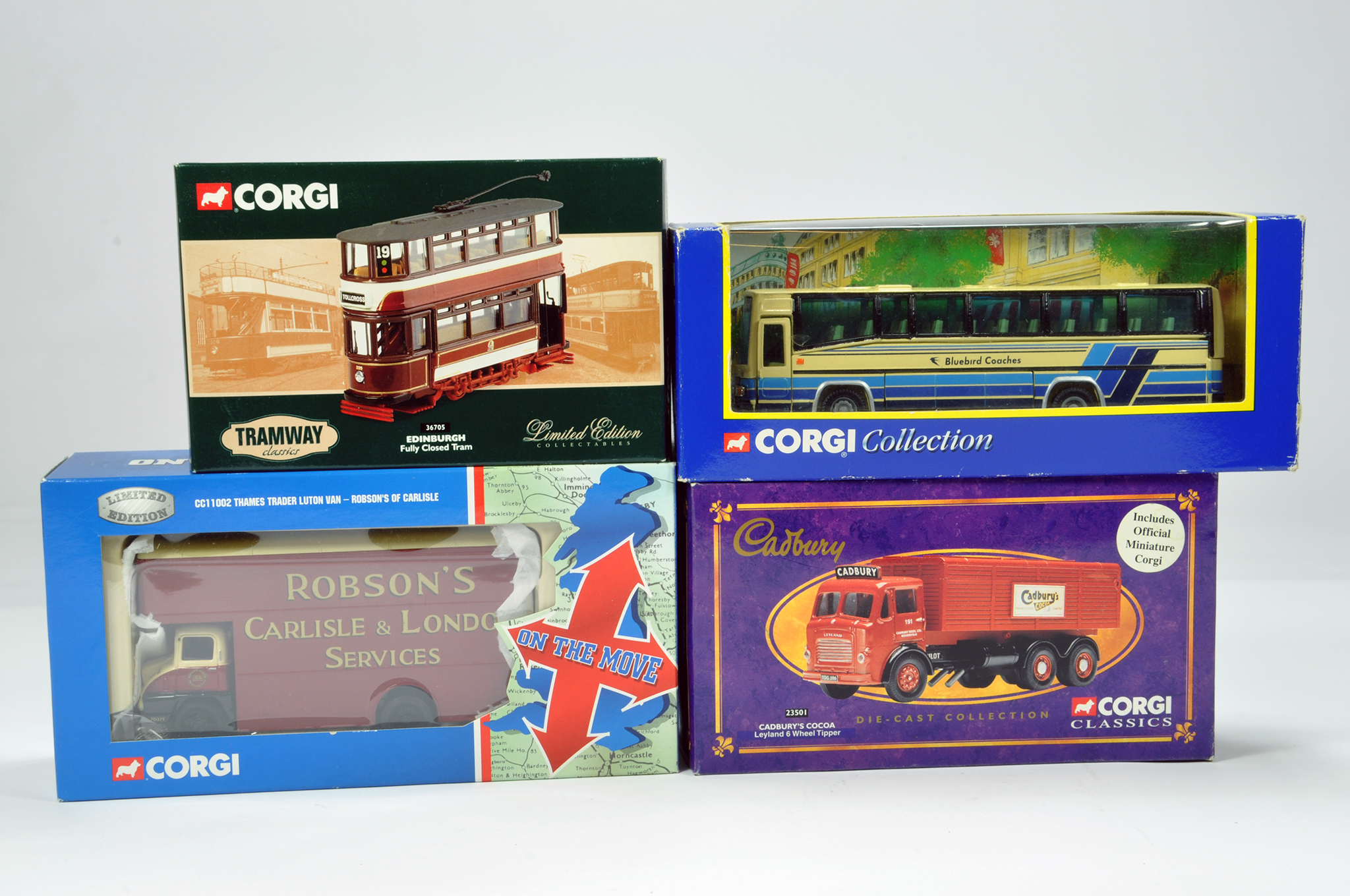 Corgi Commercial Diecast group comprising various issues. Tram, Moving Van, Coach and one other.