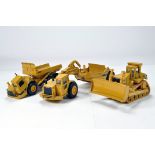 Trio of 1/50 Diecast CAT Construction models including dozer, scraper and haul dump truck. F to