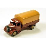 Dinky No. 30S Austin Covered Wagon in scarce brown body, with fawn ridged hubs and tan tin tilt.