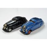 A pair of original Schuco Kommando Anno Clockwork Streamline Tinplate Cars. Both Black and Blue