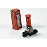 Dinky duo of accessories comprising postbox and telephone box plus Civilian Motorcycle. F to E. (3)