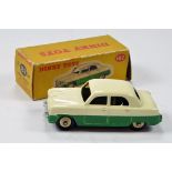 Dinky No. 162 Ford Zephyr Saloon in two-tone cream, green plus silver trim and beige ridged hubs.