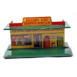 Dinky pre-war No. 48 tinplate Filling & Service Station in yellow, green, orange. Generally a