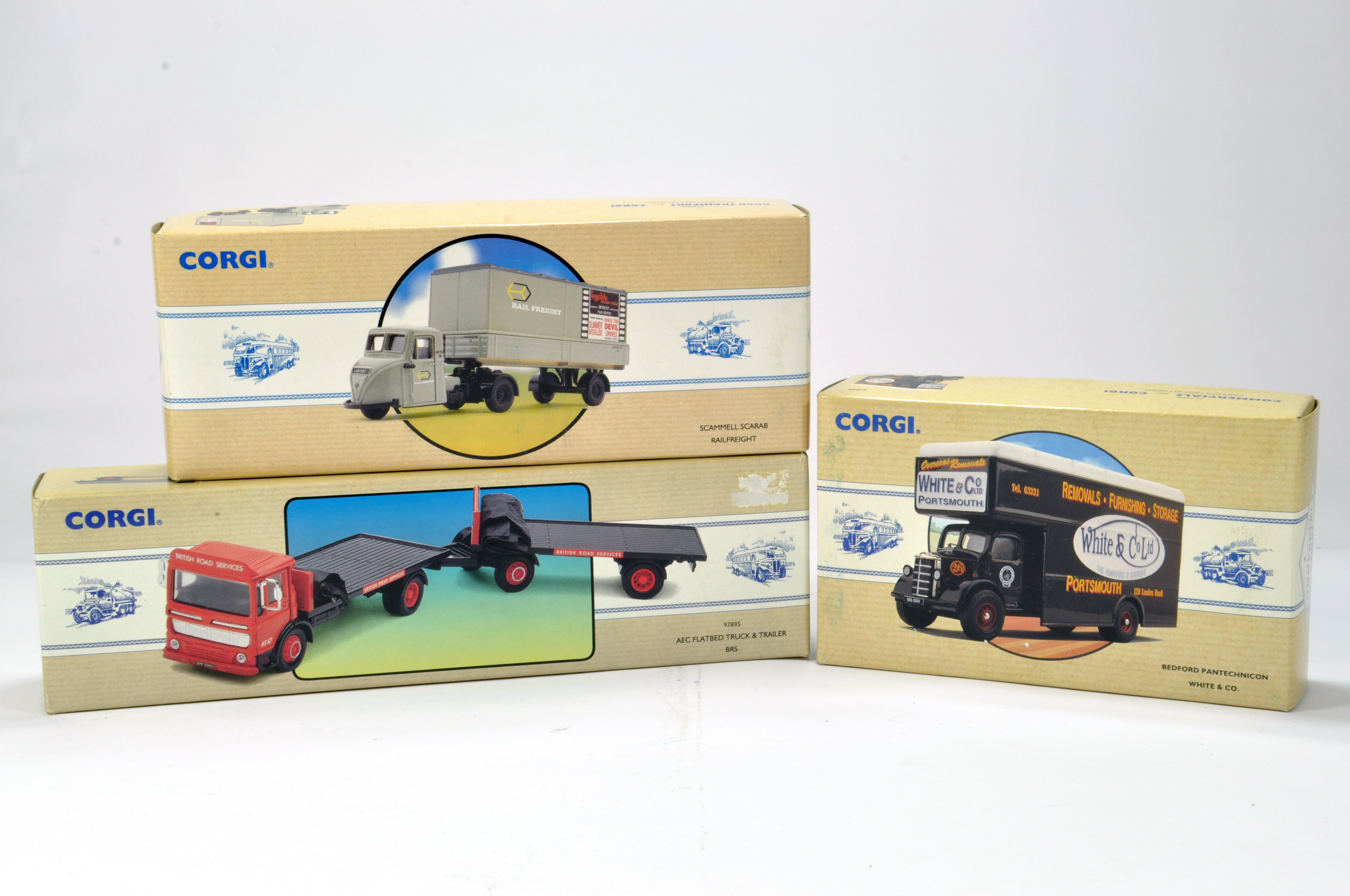 Corgi 1/50 Commercial Diecast Truck Issue comprising Classic issues Scammell Scarab, AEC Flatbed and
