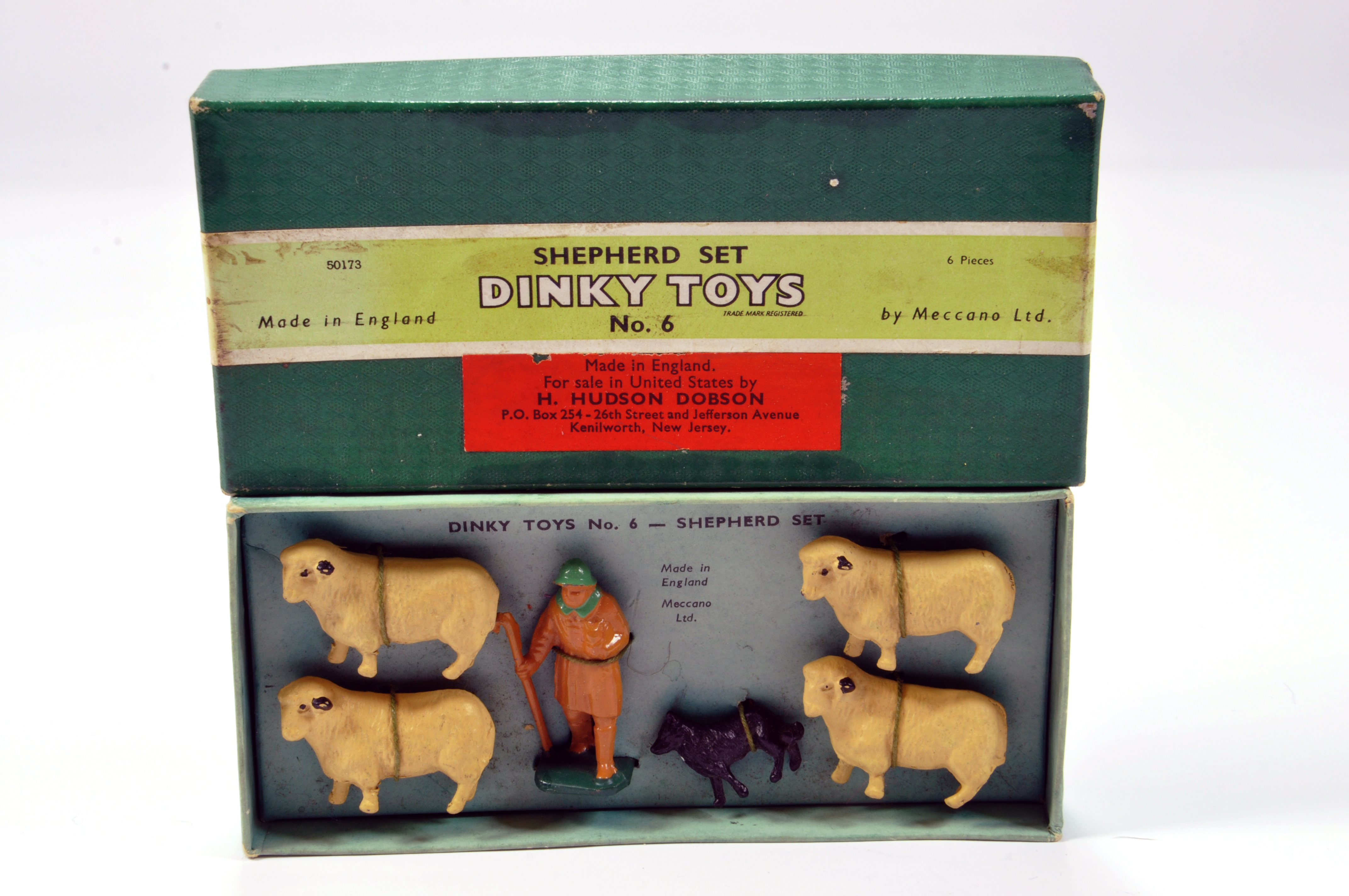 Dinky Set No. 6 Shepherd Set. Comprising 4 sheep, shepherd and dog all strung onto original