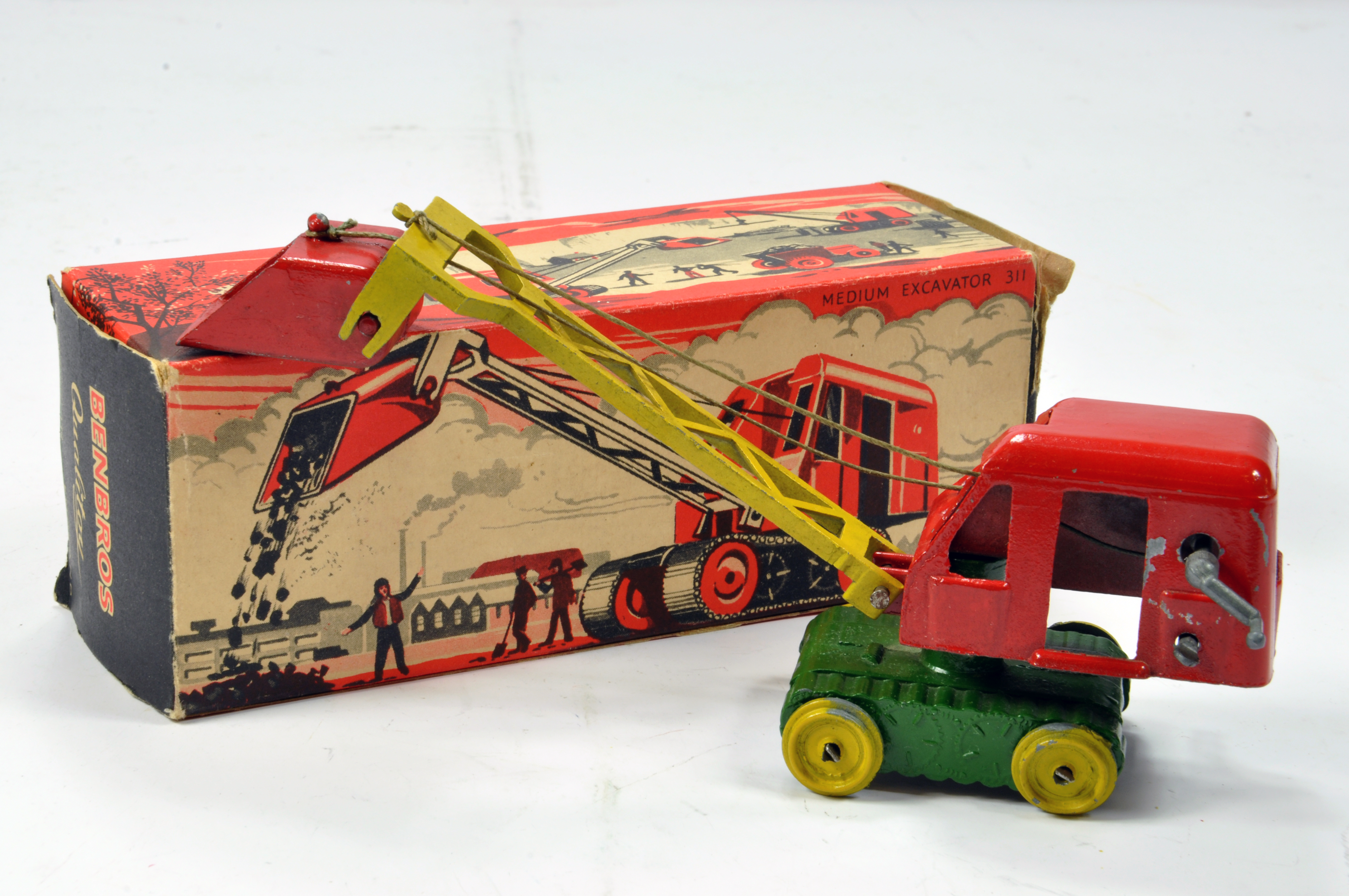 Benbros No. 311 early issue Medium Excavator in red, green and yellow with bucket. Lacks Tracks