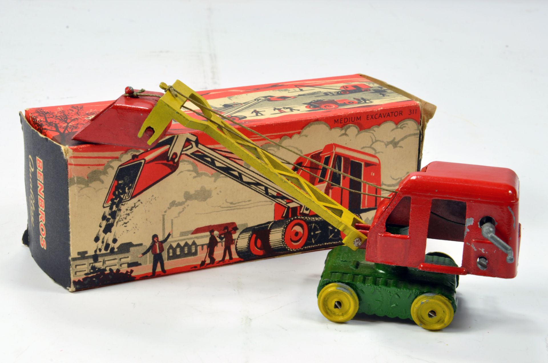 Benbros No. 311 early issue Medium Excavator in red, green and yellow with bucket. Lacks Tracks