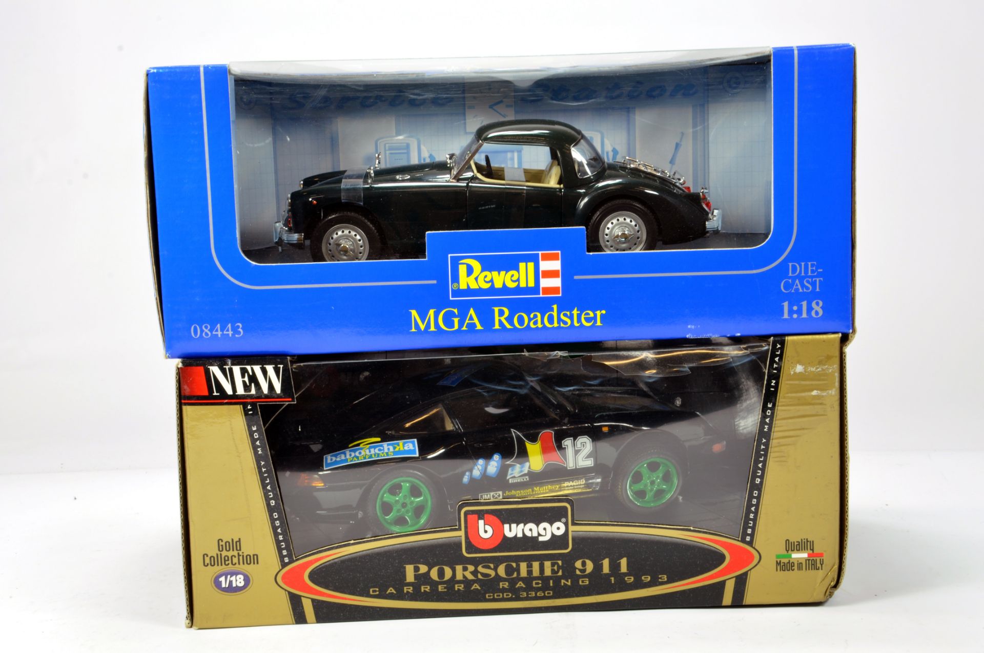 Revell 1/18 MGA Roadster plus Burago Porsche 911 Racing issue. E in Boxes. (2)