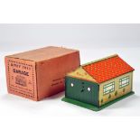 Dinky No. 45 pre-war tinplate Garage with orange roof, cream/green with green and opening doors.