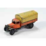 Dinky No. 25b Pre-War Covered Wagon with orange body and tan tin tilt. Generally F.