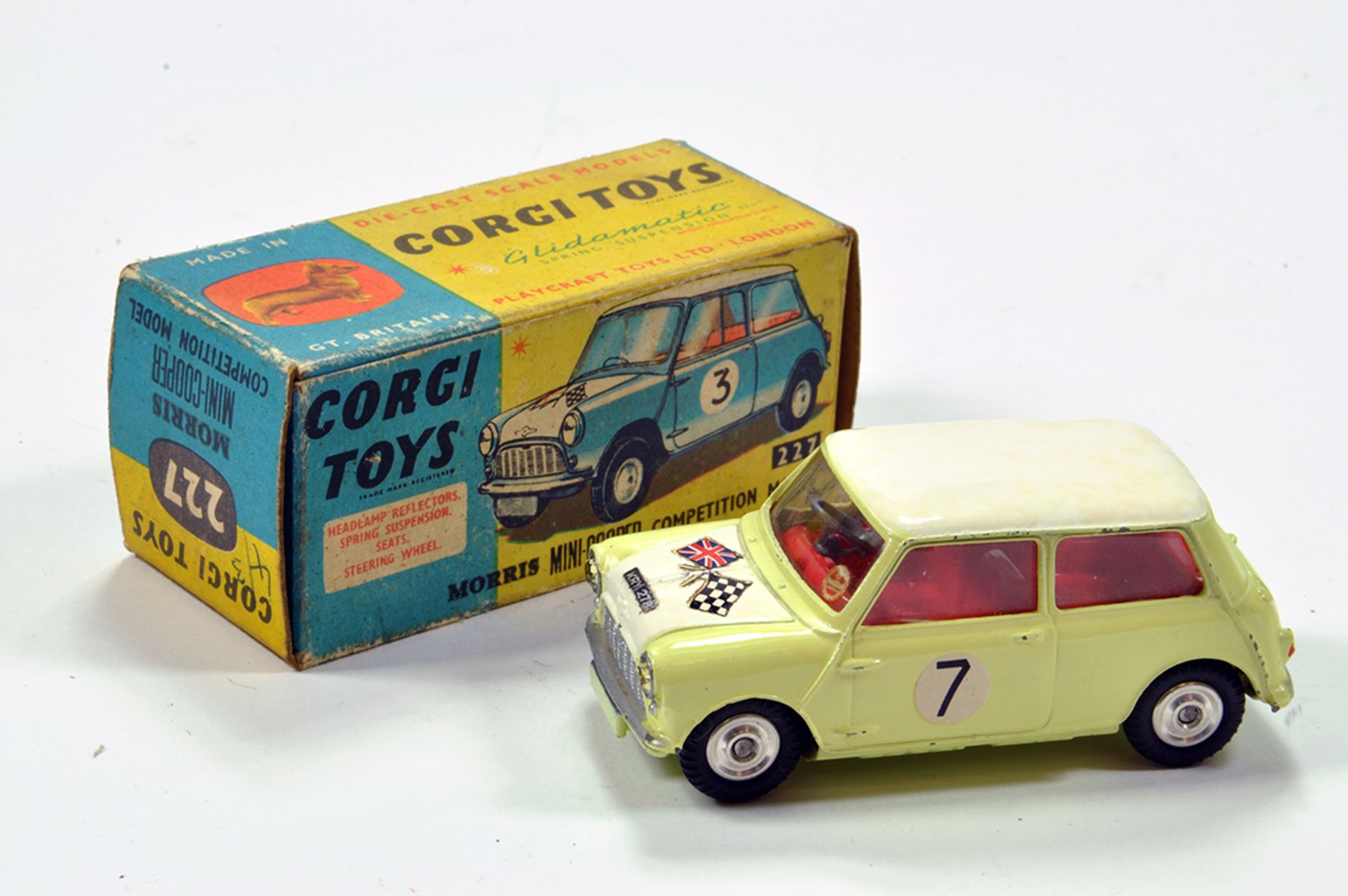 Corgi No. 227 Morris Mini Cooper Competition Model with lemon body and bonnet, white roof, red