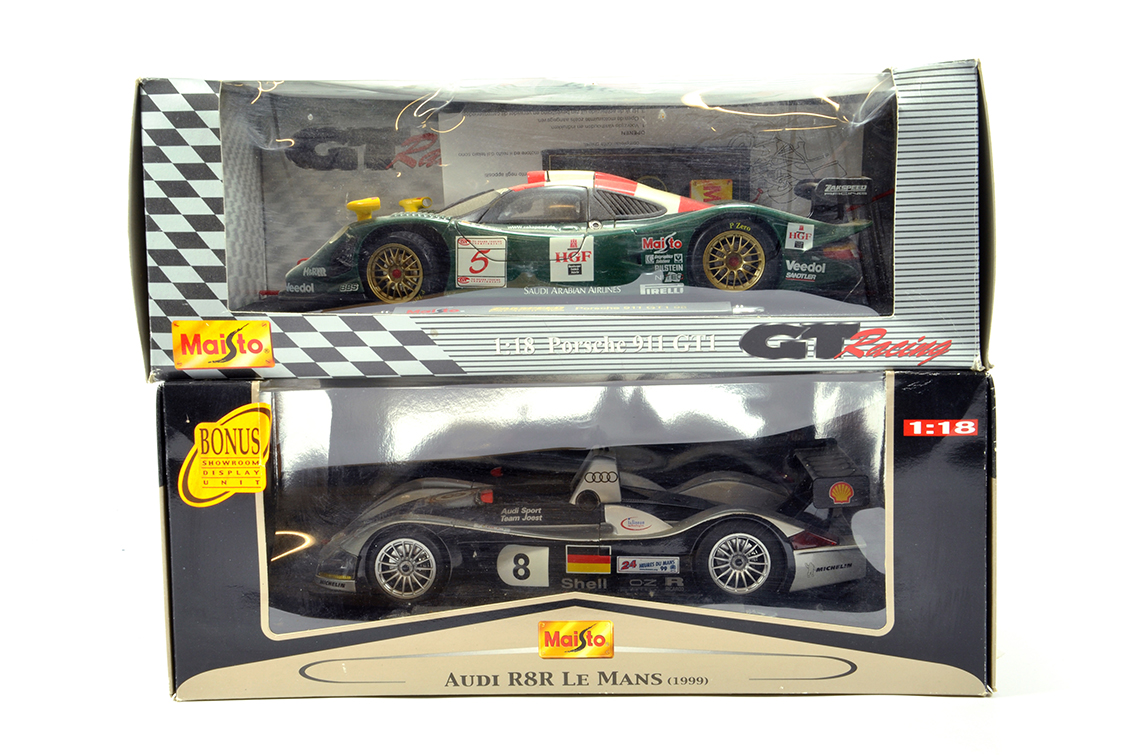 Maisto Diecast 1/18 scale comprising Porsche 911 and Aldi R8R racing Cars. Generally E in Boxes.