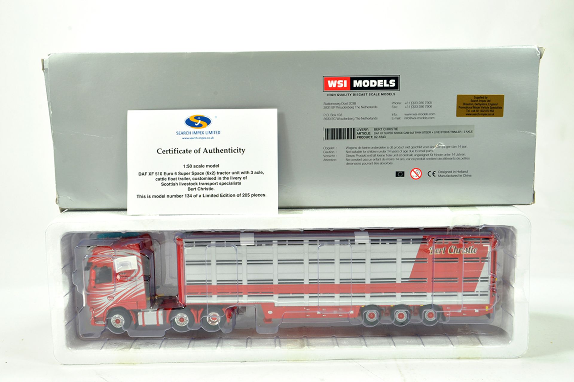 WSI 1/50 High Detail Diecast Truck Issue comprising Search Impex DAF XF510 with Cattle Trailer.