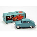 Corgi No. 201 Austin Cambridge Saloon with blue body, silver trim and flat spun hubs. E to NM in