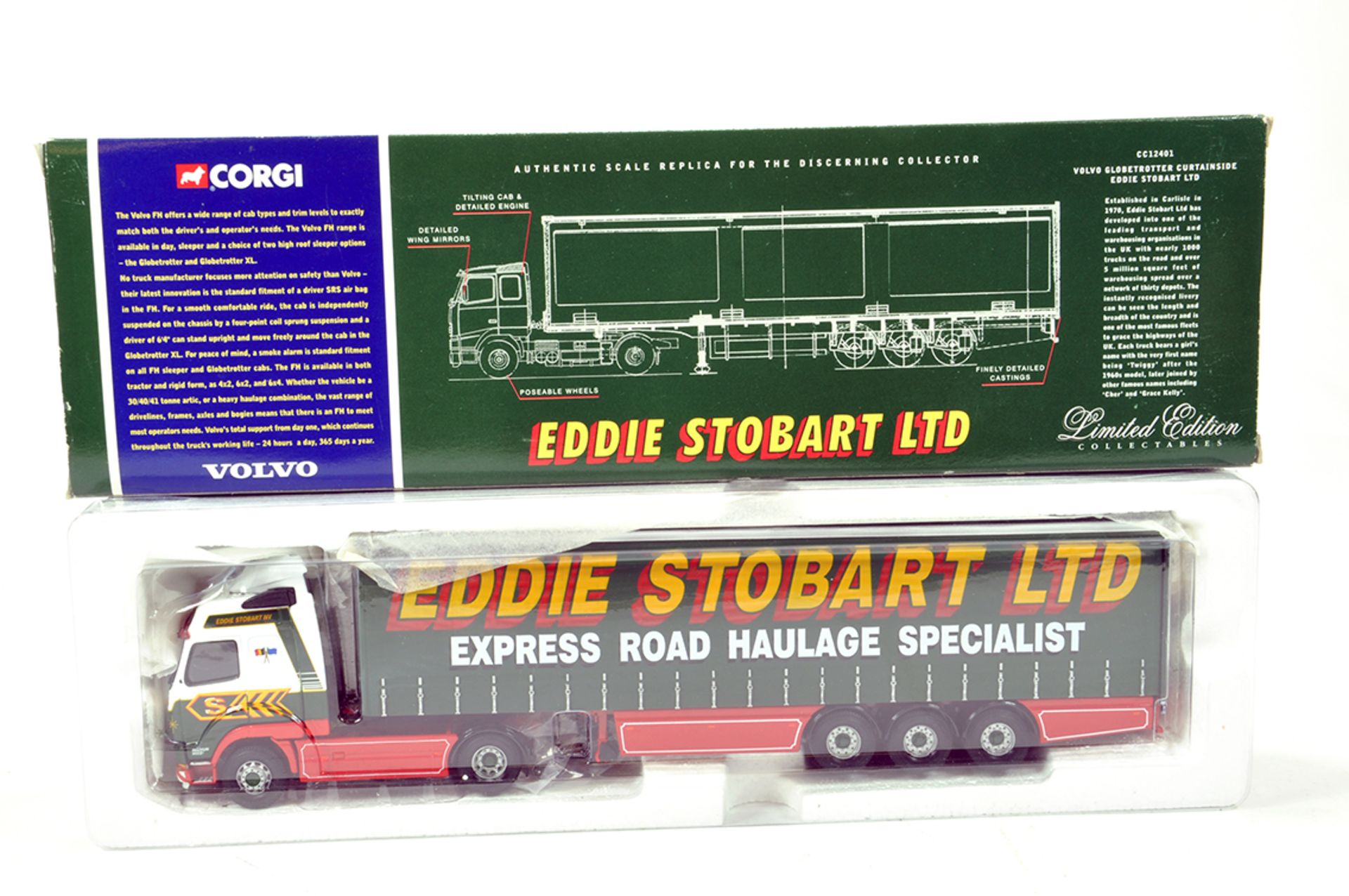 Corgi 1/50 Diecast Truck Issue Comprising CC12401 Volvo Curtainside Trailer in livery of Eddie