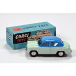 Corgi No. 202 Morris Cowley Saloon in very pale green & blue body with flat spun hubs. E to NM in VG