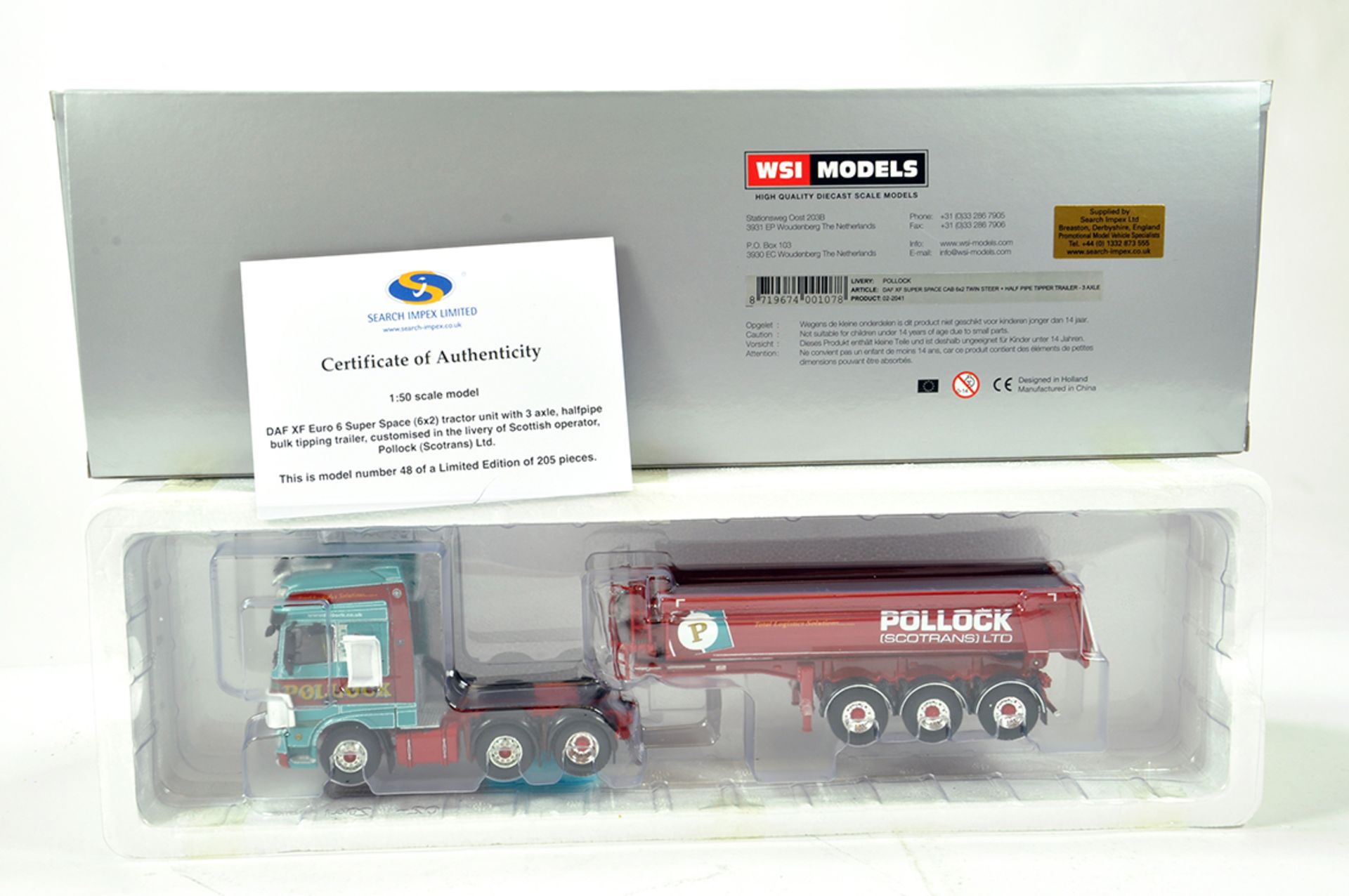 WSI 1/50 High Detail Diecast Truck Issue comprising Search Impex DAF XF Euro with Half Pipe