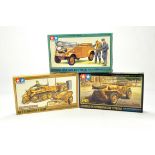 Trio of Tamiya Plastic Model Kits comprising Kubelwagen, Kettenkraftrad and Schwimmwagen Type 166.