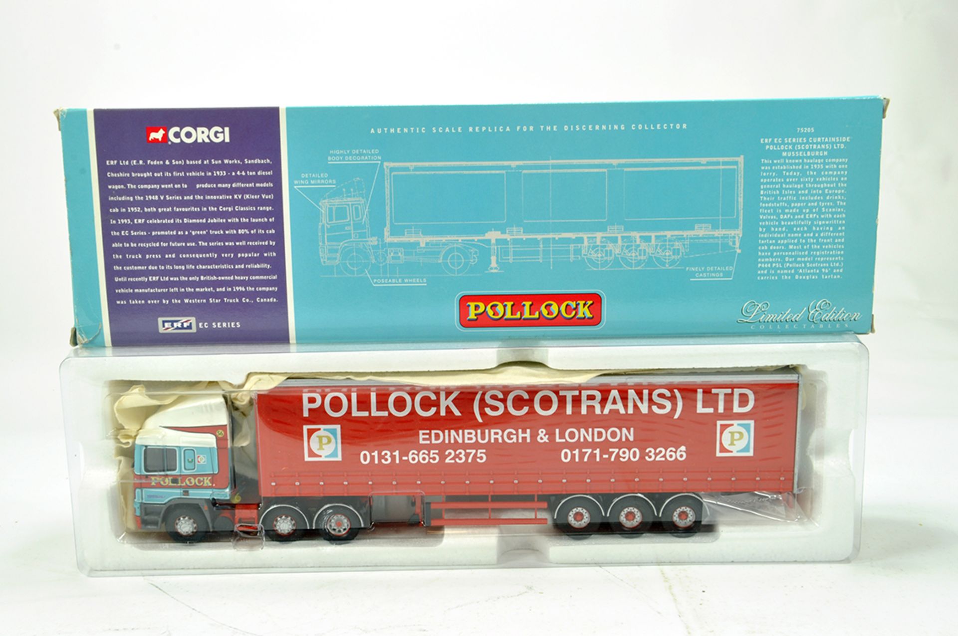 Corgi 1/50 Diecast Truck Issue Comprising 75205 ERF EC Curtain Trailer in livery of Pollock. NM to M