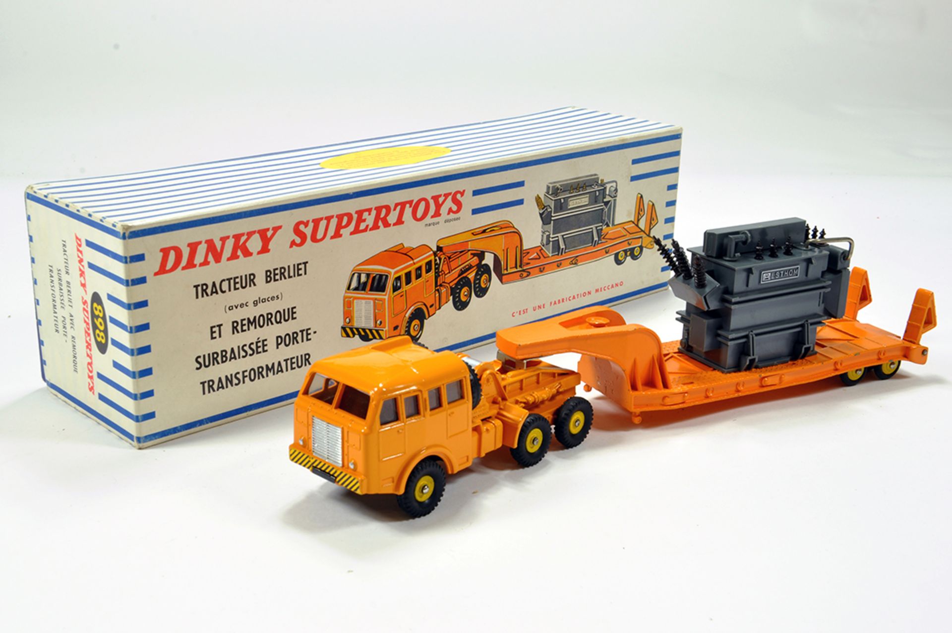 French Dinky No. 898 Berliet with Transformer Load in orange with yellow concave hubs, plus grey and