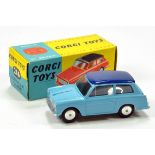 Corgi No. 216 Austin A40 Saloon in two-tone blue, silver trim with flat spun hubs. E to NM in VG