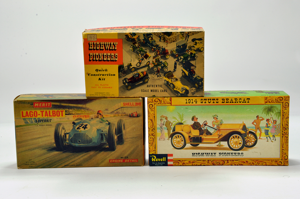 A Trio of interesting plastic car kits comprising Merit Lago-Talbot, Revell Stutz Bearcat and