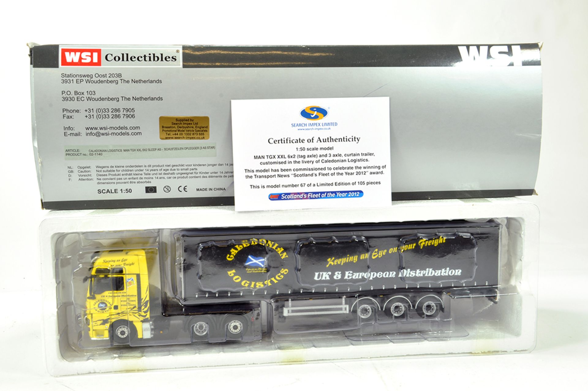 WSI 1/50 High Detail Diecast Truck Issue comprising Search Impex MAN TGX XXL with Curtain Trailer.