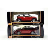 Maisto Diecast 1/18 scale issue comprising Mini Cooper plus Porsche 911 Targa. NM in Boxes.