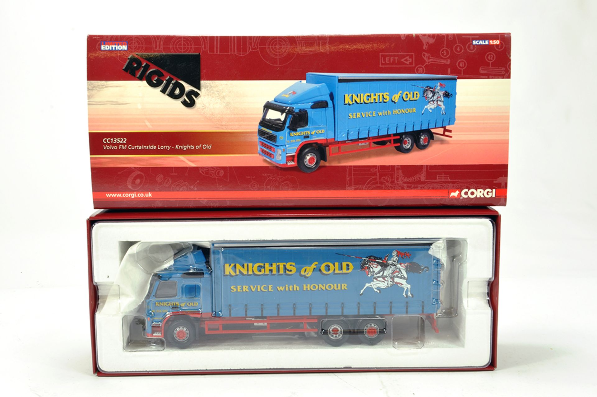 Corgi 1/50 Diecast Truck Issue Comprising CC13522 Volvo FM Curtainside Lorry in livery of Knights of