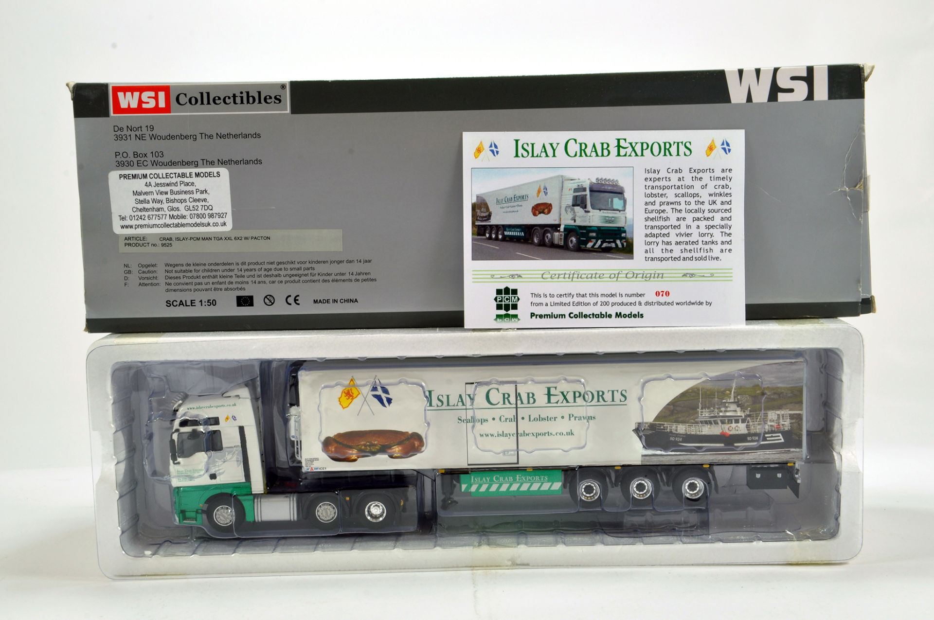 WSI 1/50 Diecast Truck Issue Comprising MAN TGA Pacton Trailer in Livery of Islay Crab Exports.