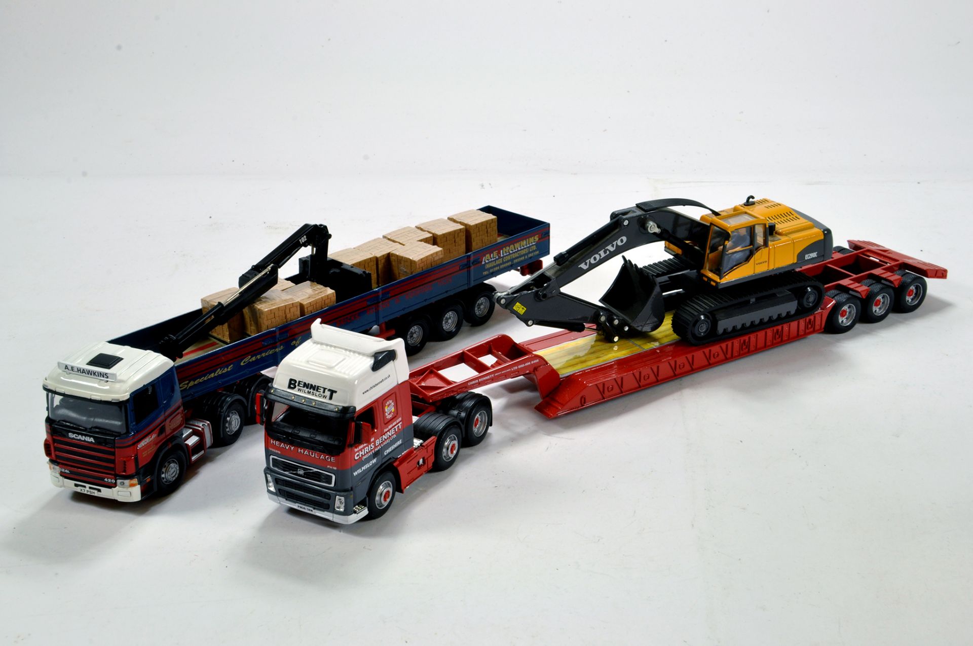 Diecast 1/50 Truck and Trailer Combinations including Low Loader and Excavator Load plus one
