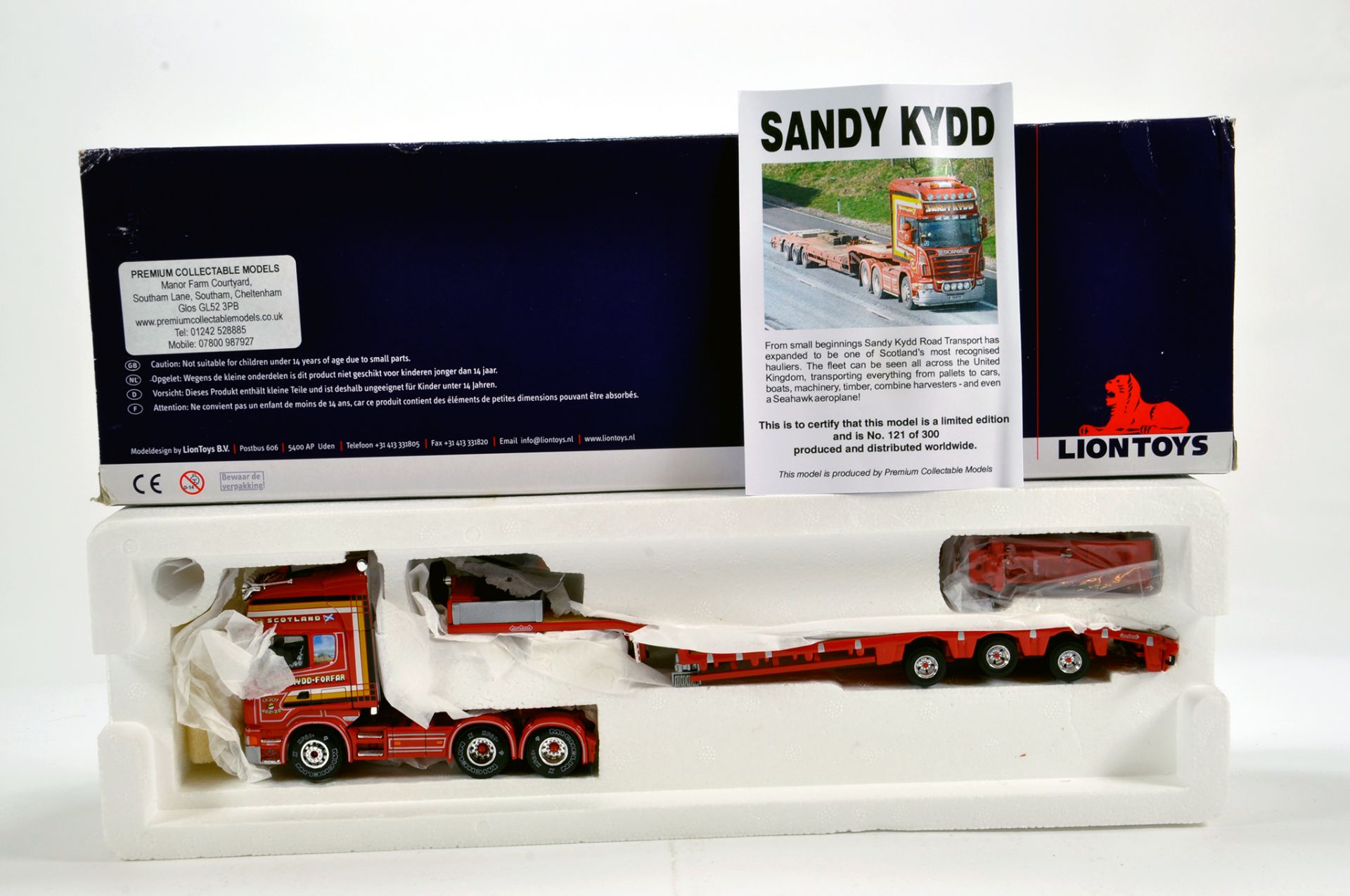 Lion Toys 1/50 Diecast Truck Issue Comprising Scania R Nooteboom Trailer in Livery of Sandy Kydd.