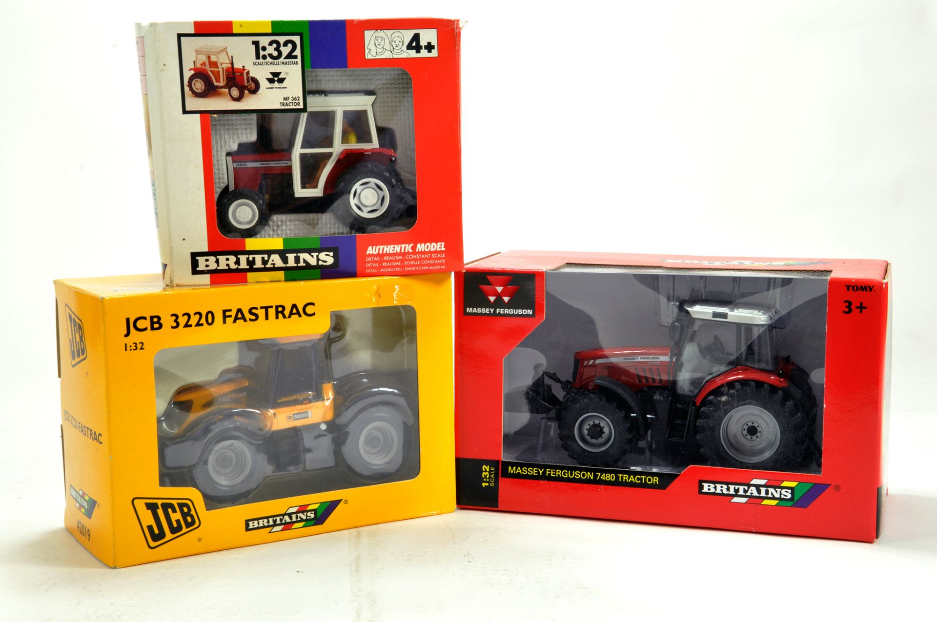 Britains Farm issue trio comprising JCB 3220 Fastrac, Massey Ferguson 7480 Tractor and Massey
