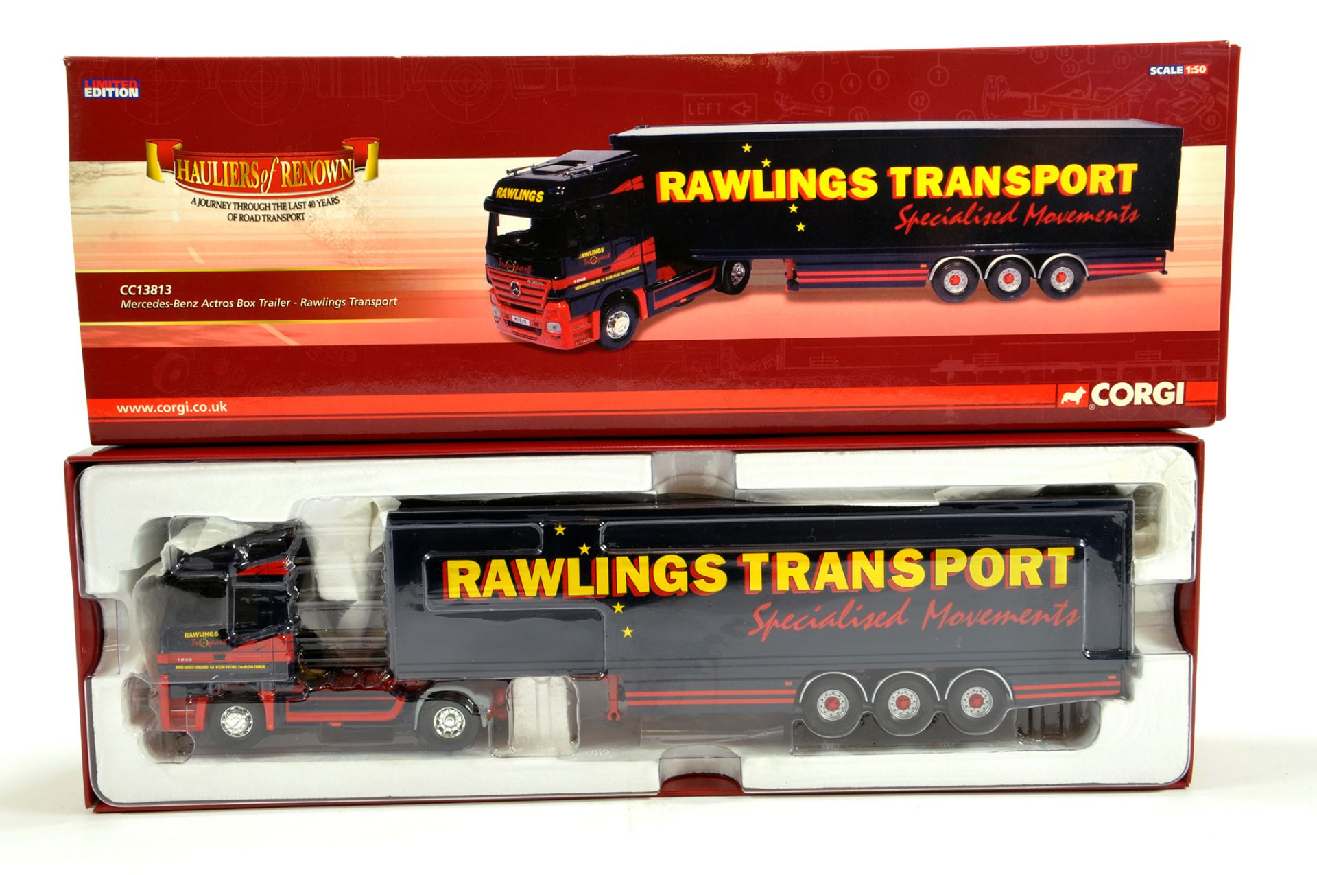 Corgi 1/50 Diecast Truck Issue Comprising No. CC13813 MB Actros Box Trailer in livery of Rawlings