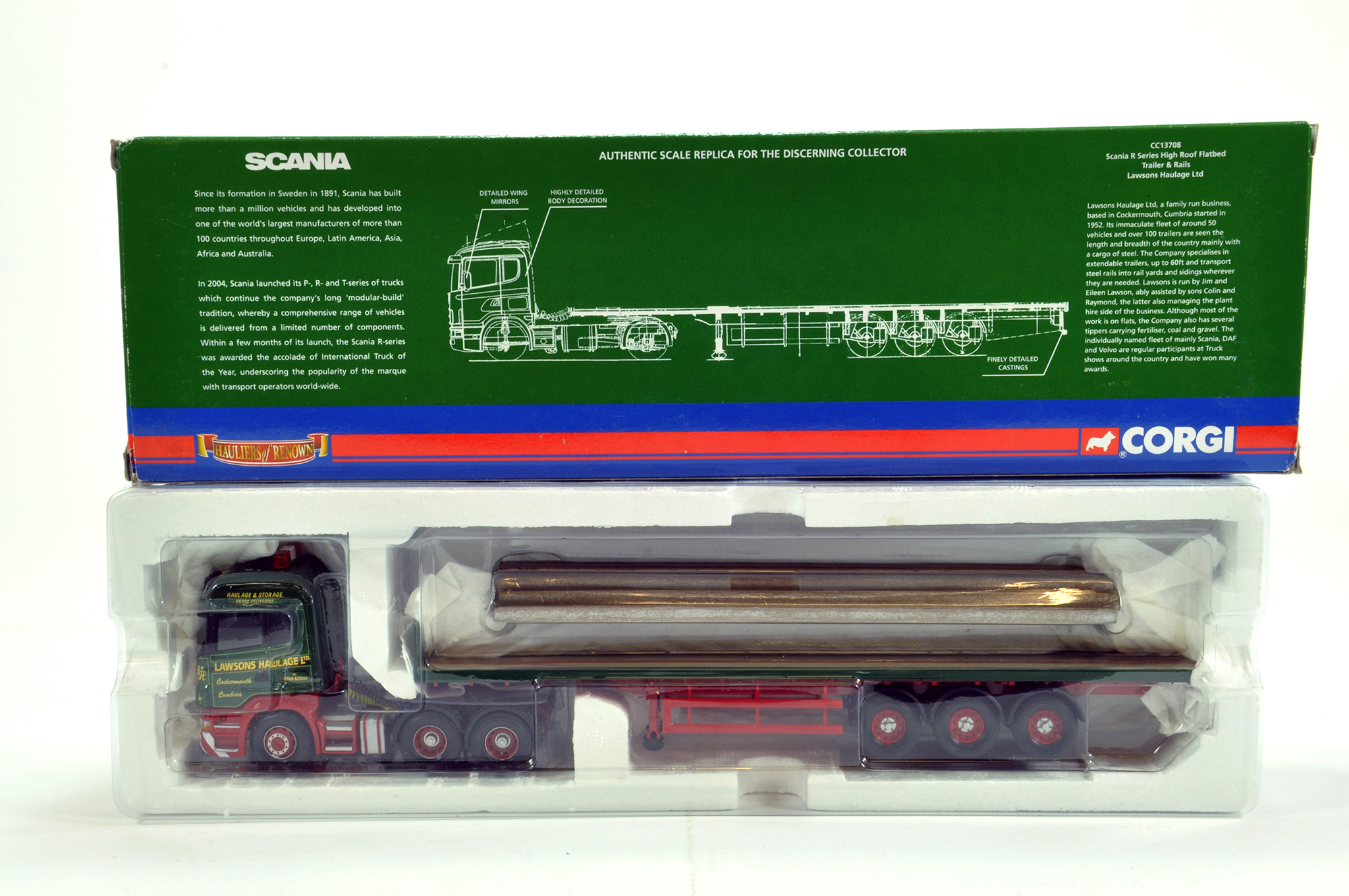 Corgi 1/50 Diecast Truck Issue Comprising No. CC13708 Scania R Series Rails Trailer in Livery of