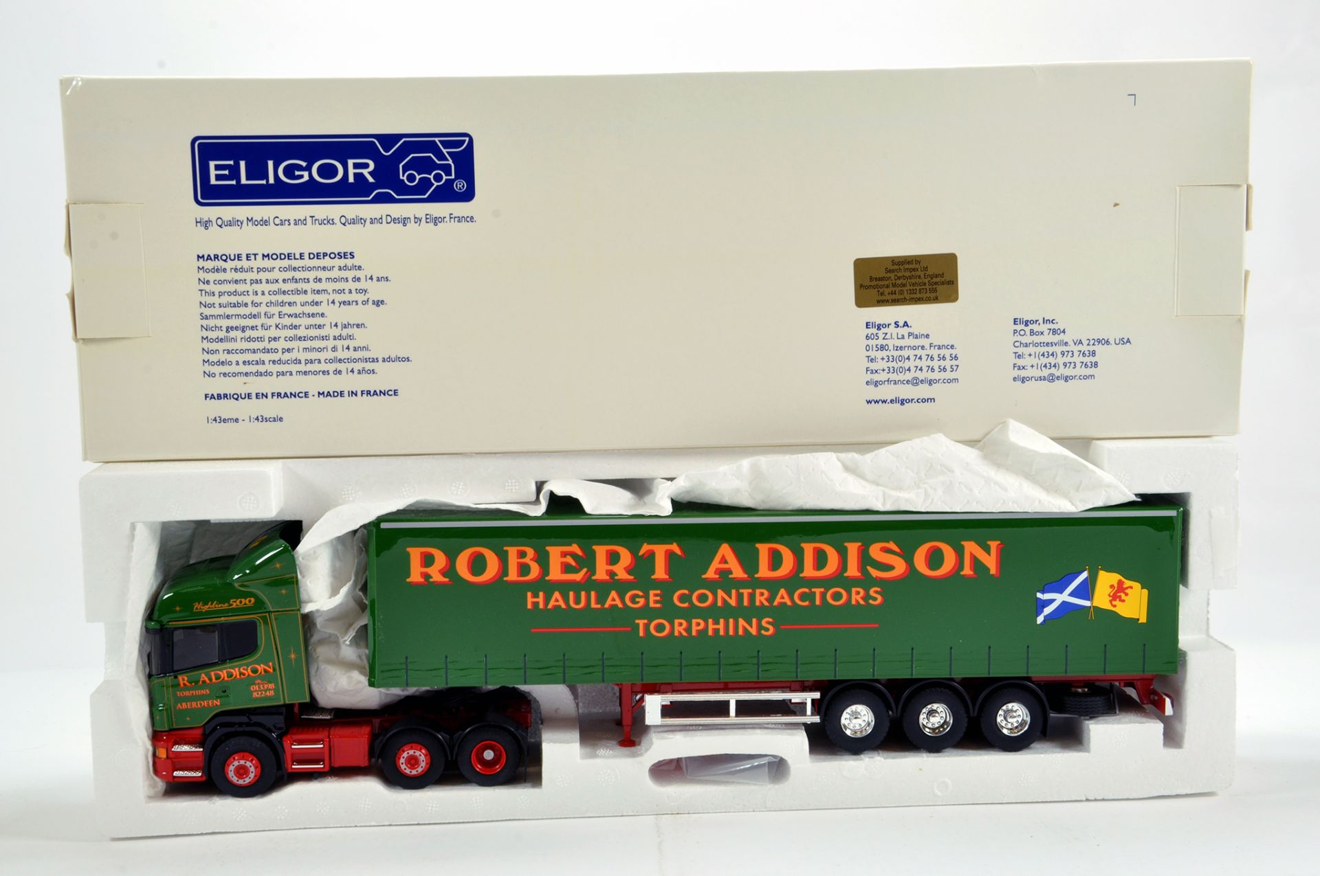Eligor 1/43 Diecast Truck Issue Comprising Scania Curtain Trailer in Livery of Robert Addison.