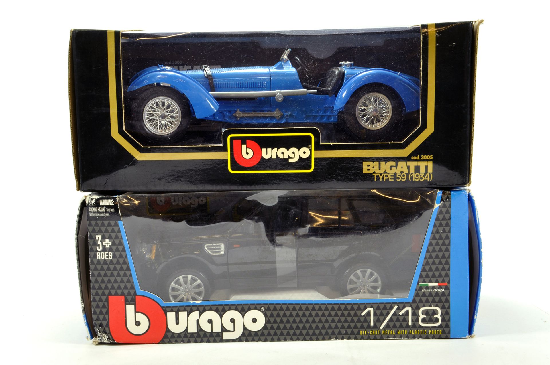 Burago 1/18 diecast issues comprising Bugatti Type 59 and Range Rover. NM in Boxes. (2)