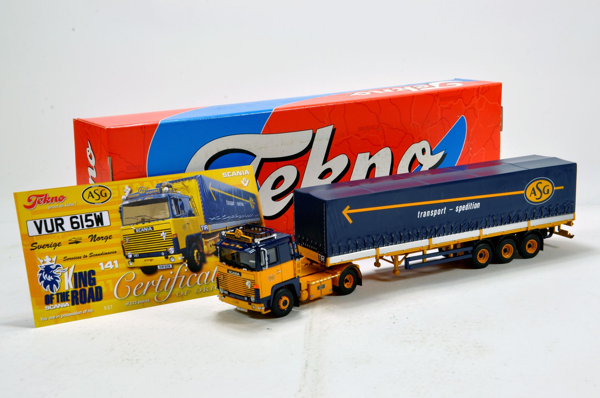Tekno 1/50 Diecast Truck Issue Comprising Scania 141 Curtain Trailer in livery of ASG. Limited