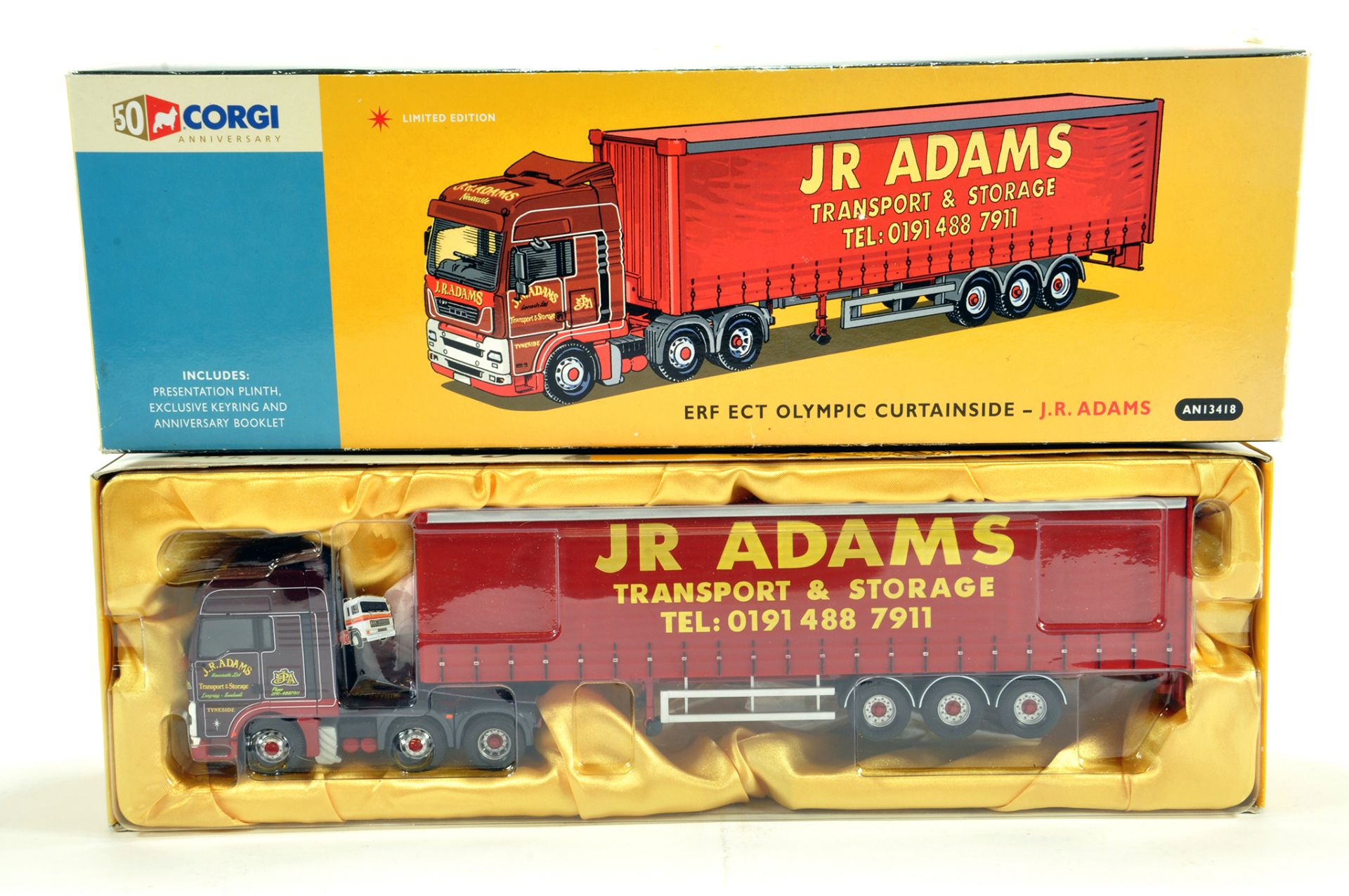 Corgi 1/50 Diecast Truck Issue Comprising No. AN13418 ERF ECT Curtainside in livery of JR Adams. E