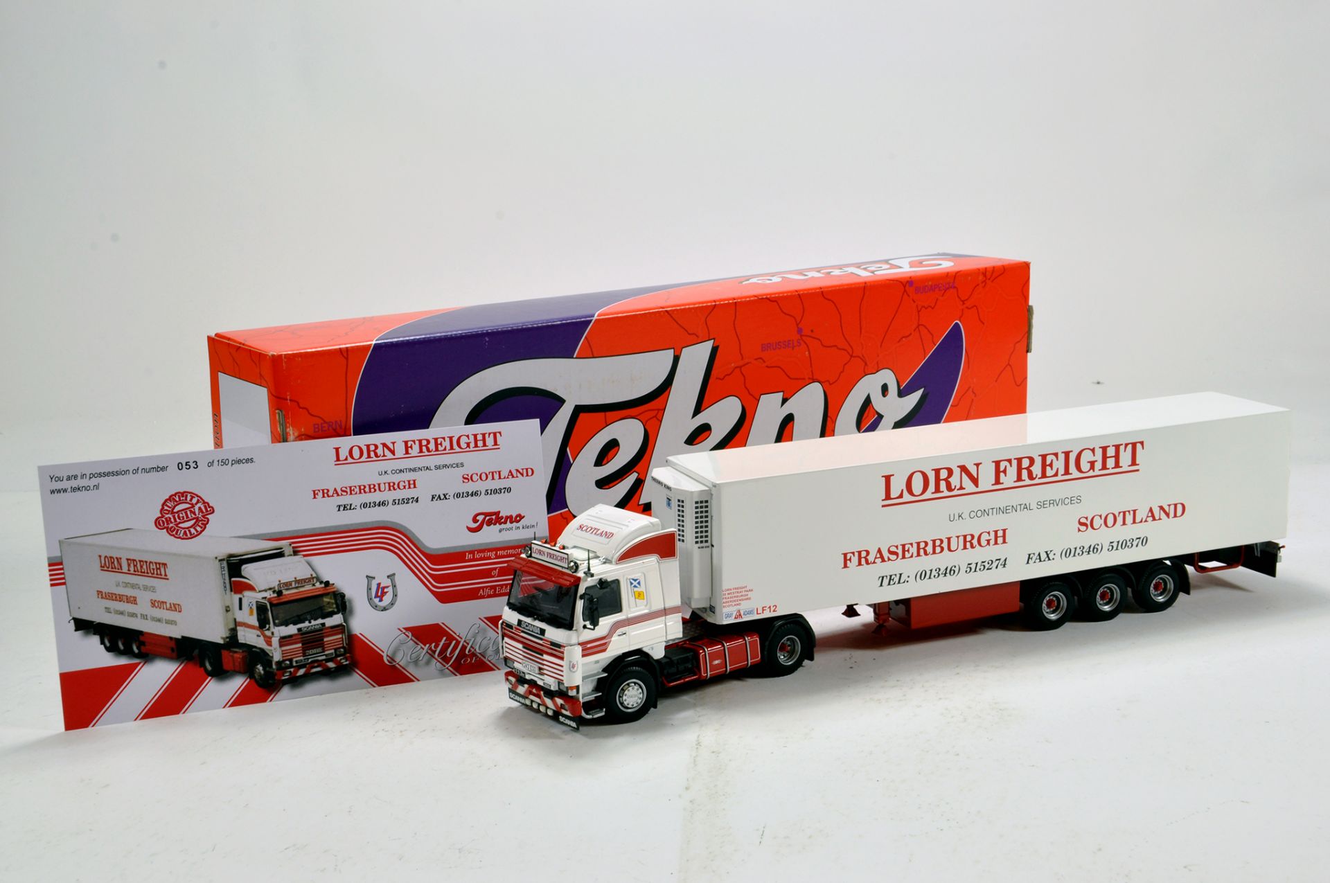 Tekno 1/50 Diecast Truck Issue Comprising Scania 113 Fridge Trailer in livery of Lorn Freight.
