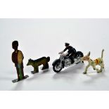 An interesting group of metal figures, Police Motorbike and flats comprising rare issues. Sacul?