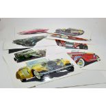 An interesting array of various motor vehicle, classic vintage car illustrations.