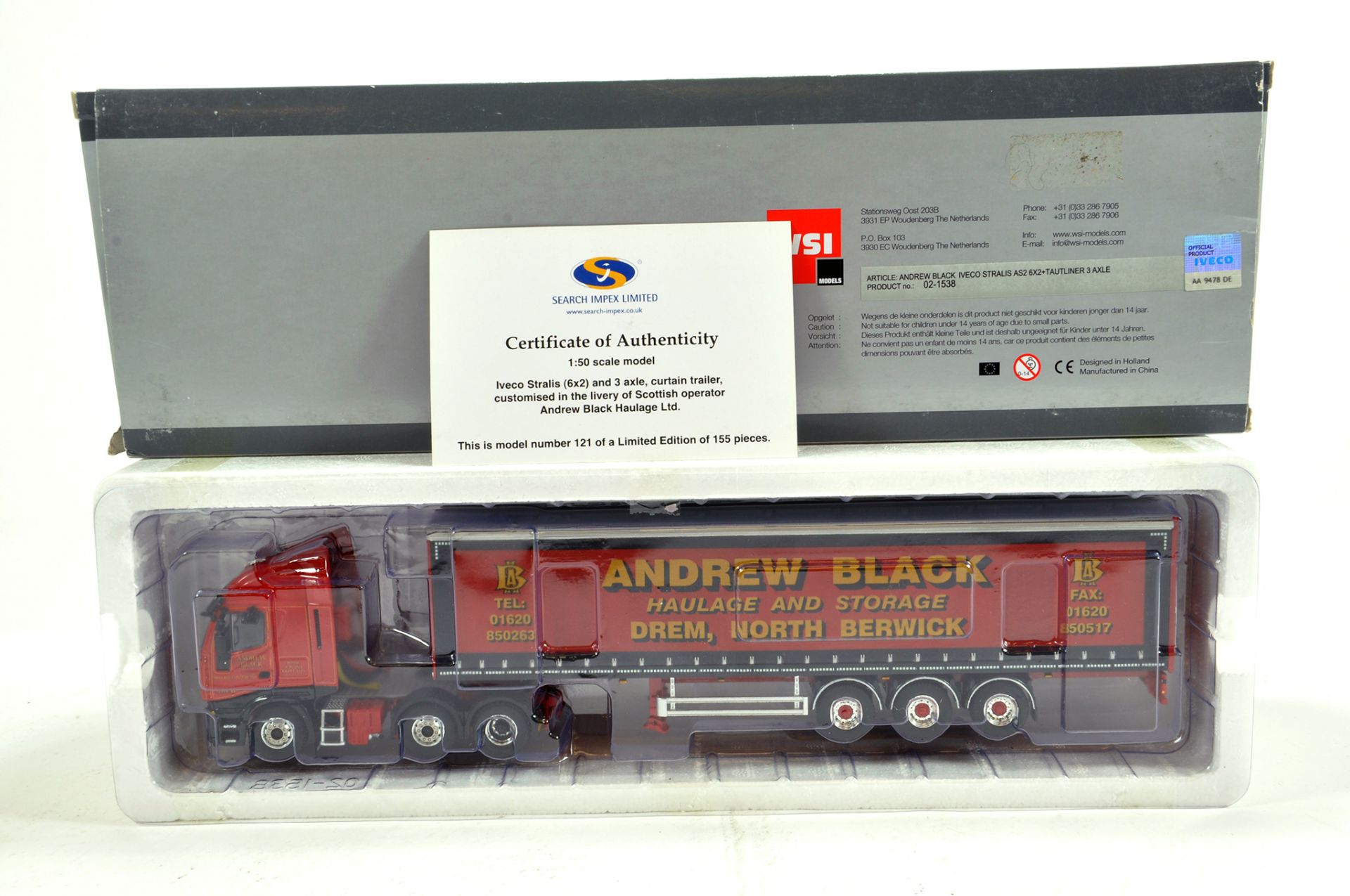 WSI 1/50 Diecast Truck Issue Comprising Iveco Stralis Curtain Trailer in livery of Andrew Black.