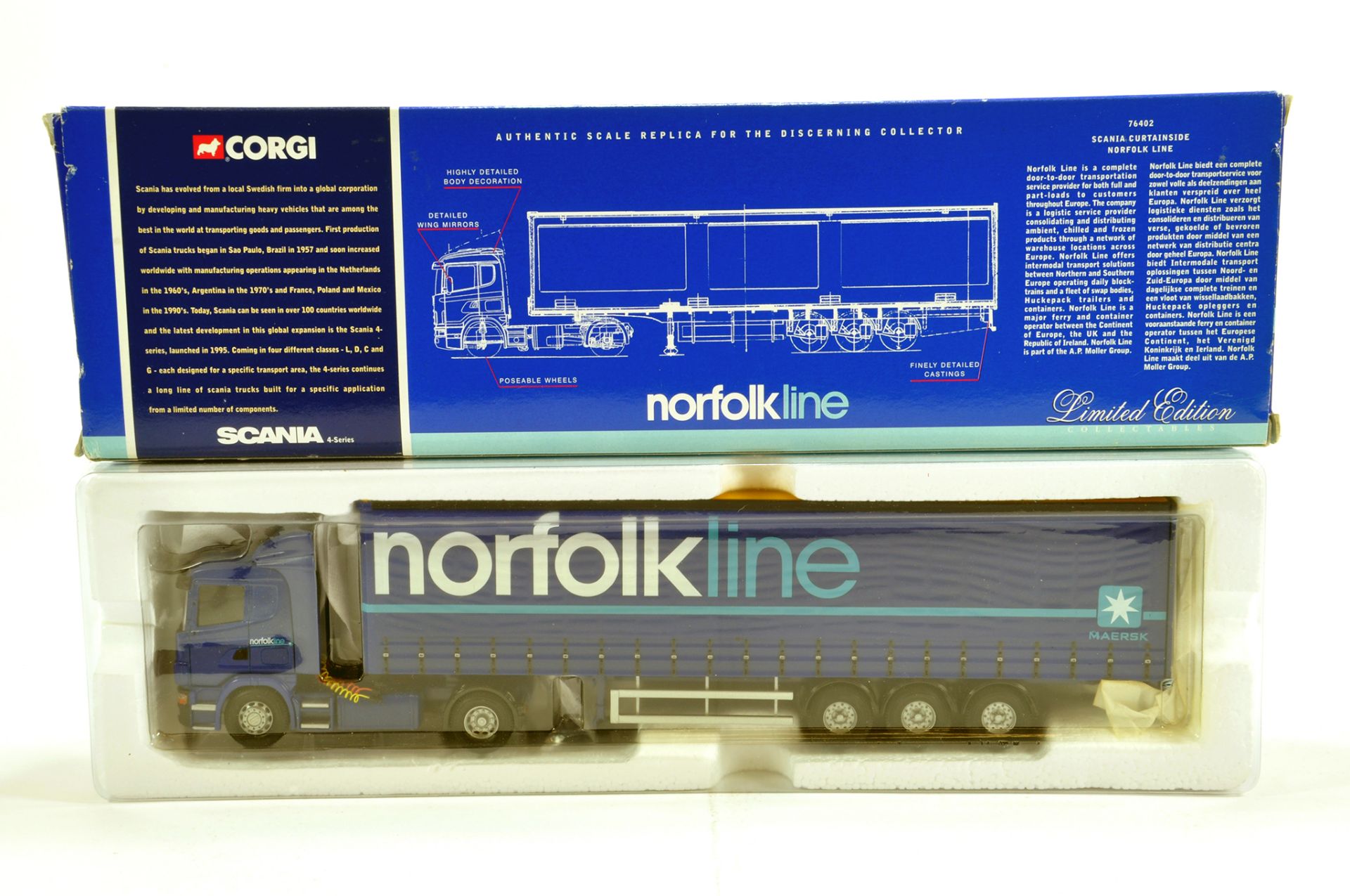 Corgi 1/50 Diecast Truck Issue Comprising No. 76402 Scania Curtainside in livery of Norfolk Line.