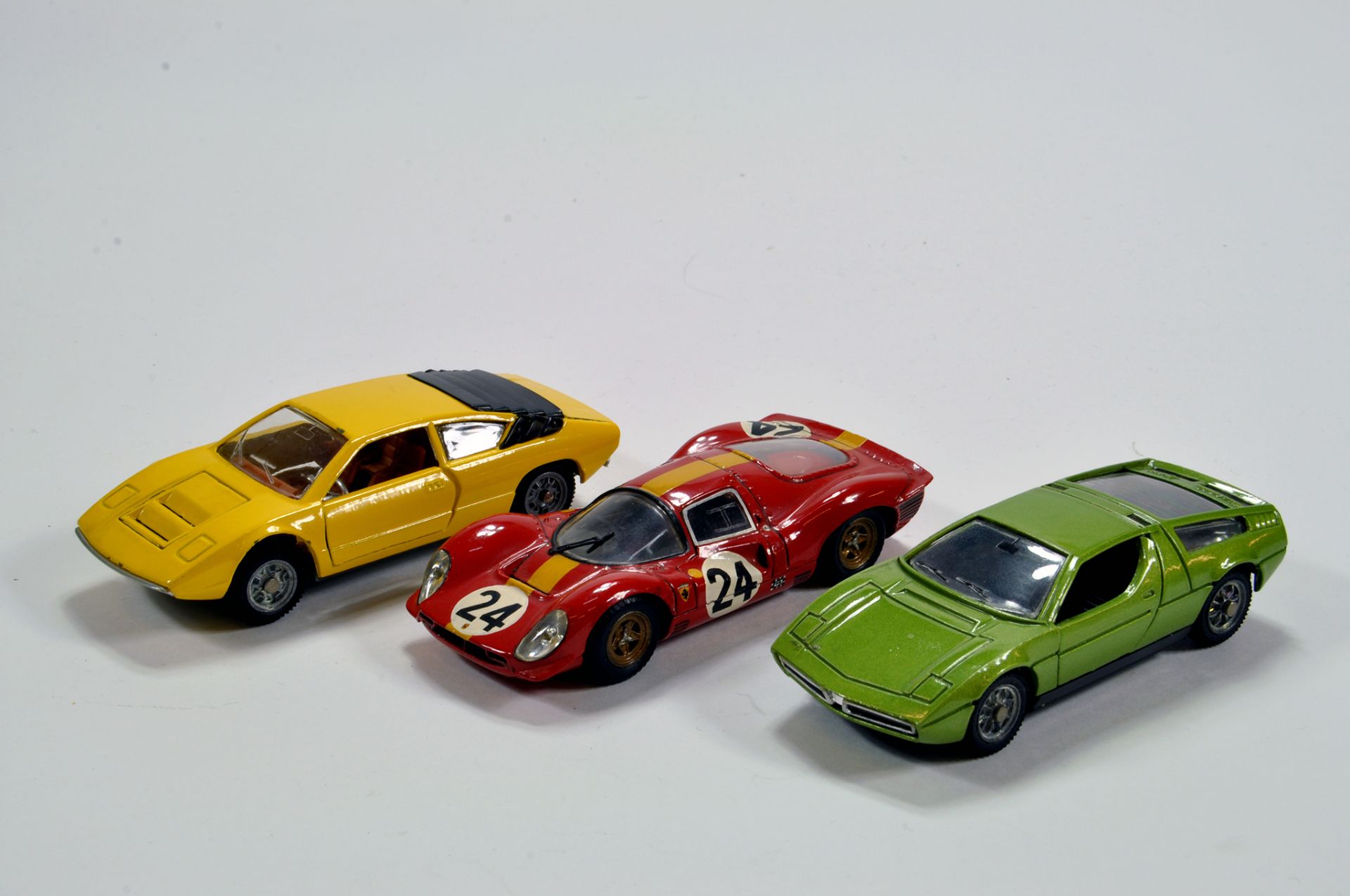 Mebetoys (Italy) 1/43 No. A47 Lamborghini URRACO in scarce yellow, Politoys No. 574 Ferrari P4 and