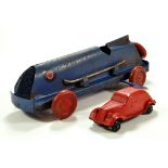 Unusual Triang Type Pressed Metal Racing Record Type Car plus British Made 0717 type hard Rubber