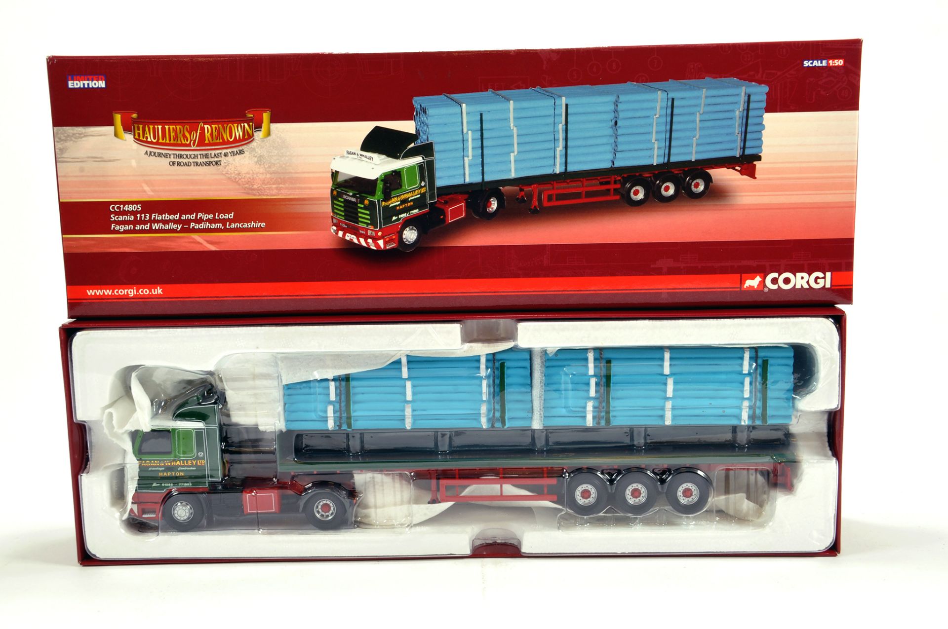 Corgi 1/50 Diecast Truck Issue Comprising No. CC14805 Scania 113 and Pipe Trailer in livery of Fagan