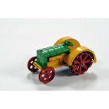 Dinky No. 22e Pre-war Farm Tractor with yellow body/wheelarches, green upper bonnet, steering wheel,