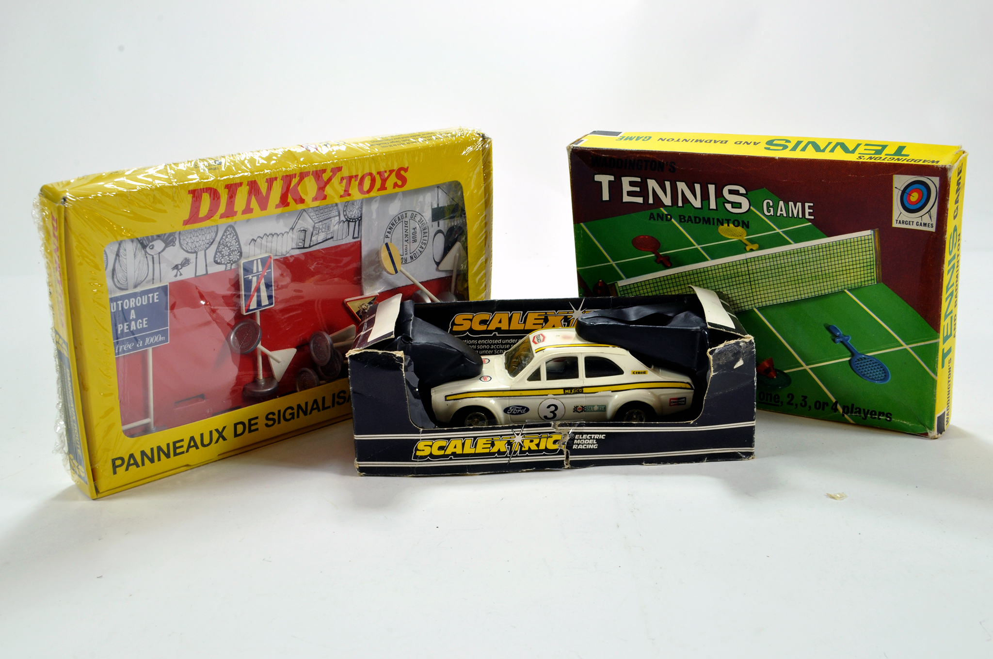 Early Issue Scalextric Ford Mexico Police Car. Untested but appears E in F Box plus Dinky Road Signs