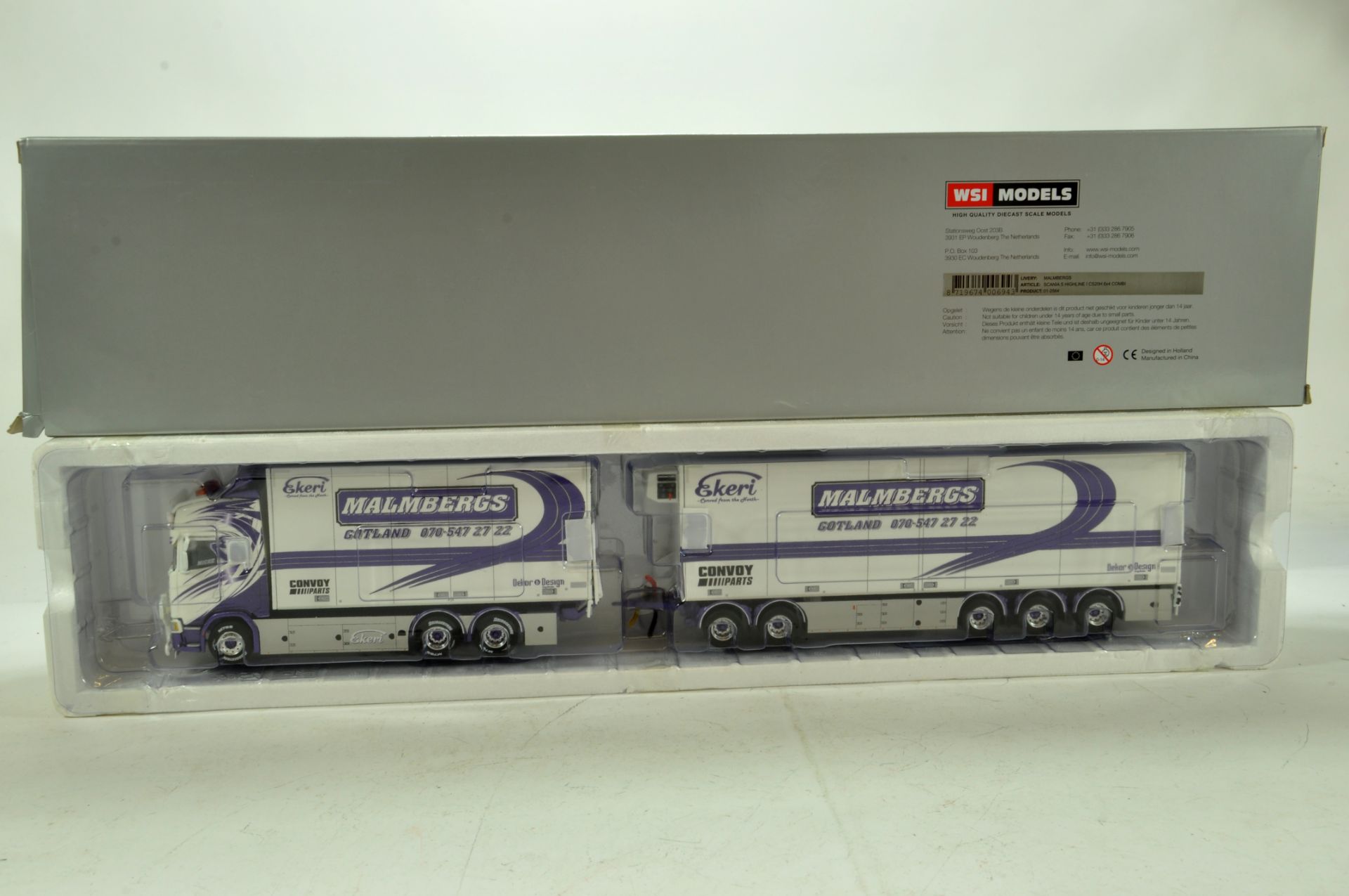 WSI 1/50 diecast truck issue comprising Scania S Highline with Combi Fridge Trailer in livery of